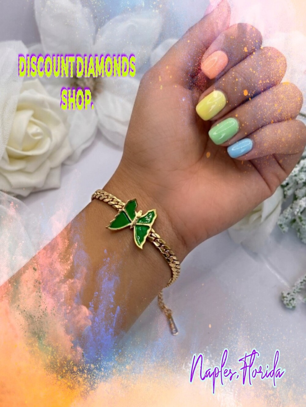 Snake Chain Green Butterfly Ankle Bracelet on 18K Gold Titanium